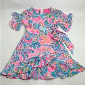 Lilly Pulitzer Ruffled Pink Blue orange Swirl wrap bow Dress Size 2 Layered